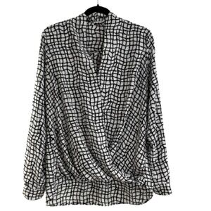 👚🏢 PLEIONE Geometric Faux Wrap Blouse | Black & White | Minimalist Chic | Sz M